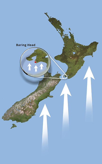 Baring Head Atmospheric Research Station, illustration Illustration showing the location of the Baring Head Atmospheric Research Station, Wellington, New Zealand. This site has been monitoring atmospheric carbon dioxide levels since 1972 as part of a global monitoring network. The site was chosen as its location means that air sampled from southerly winds  arrows  has only blown over areas where there is no human activity. For an unlabelled version of this image see C057 3973., by KARSTEN SCHNEIDER SCIENCE PHOTO LIBRARY