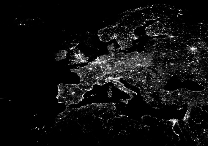 Europe at night, satellite image Europe at night, satellite image. This is a cloud free composite image from data collected throughout 2012. Data obtained by the Operational Linescan System  OLS  on the Defense Meteorological Satellite Program  DMSP  satellites, by NOAA DMSP SCIENCE PHOTO LIBRARY