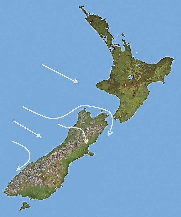Winds in New Zealand, illustration Illustration showing how westerly winds are funnelled around the islands of New Zealand. The winds reaching New Zealand are stronger than they would be at the same latitudes in the northern hemisphere as they have only been blowing over ocean, which causes much less friction than land. Wellington, at the narrowest point in the Cook Strait between the North and South Islands, experiences the highest wind speeds in New Zealand. For a labelled version of this image see C057 3778., by KARSTEN SCHNEIDER SCIENCE PHOTO LIBRARY