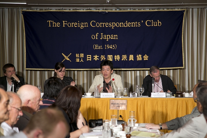 Takafumi Horie, Former President of Livedoor Press Conference at Foreign Correspondents  Club of Japan  Tokyo, Japan   Takafumi Horie, Founder of SNS Inc. and Former President of Livedoor, speaks about his wishes to support the Japanese economy and people during a press conference at The Foreign Correspondents  Club of Japan, June 5, 2013. Horie was released from prison on March 28, after 21 moths of a 30 months sentence, he was guilty and incarcerated in 2011 for fabricating financial reports and spreading false information to investors. But he continues to assert his innocence.  Photo by Rodrigo Reyes Marin AFLO 