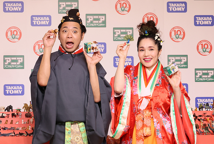Japanese toy maker Tomy celebrates the 10th anniversary of the company s animal toy figure series  Ania  March 3, 2023, Tokyo, Japan   Japanese comedian Sunshine Ikezaki  L  and comedienne Hirano Nora  R  in costumes of hina dolls display Japanese toy maker Tomy s animal toy figure series  Ania  at a promotional event in Tokyo on Friday, March 3, 2023. Tomy celebrated 10th anniversary of the launch of the figures and shipped 18 million units in 10 years.    photo by Yoshio Tsunoda AFLO 