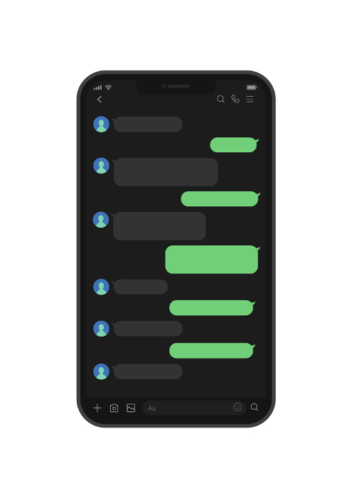 Dark mode smartphone talk screen - image mockup of smartphone messaging app