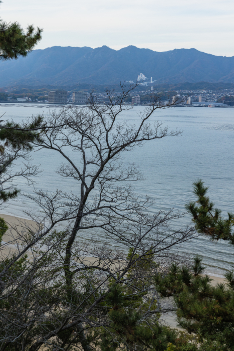 The Seto Inland Sea as seen from the Sengoku-kaku Pavilion at Toyokuni Shrine on Miyajima Island in Hatsukaichi, Hiroshima, Japan.