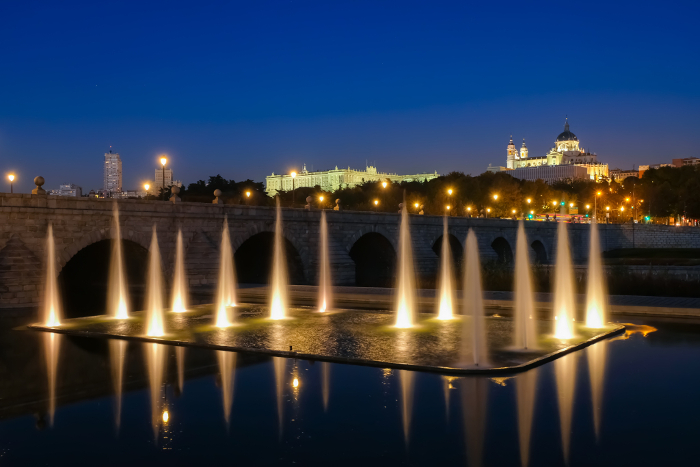 Night view from Segovia Bridge, Madrid, Spain