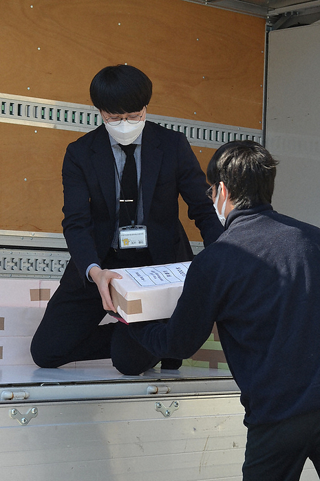 Employees transshipping ballots A staff member transfers ballots at 2:40 p.m. on March 7, 2023 in Nakagyo ku, Kyoto, Japan.