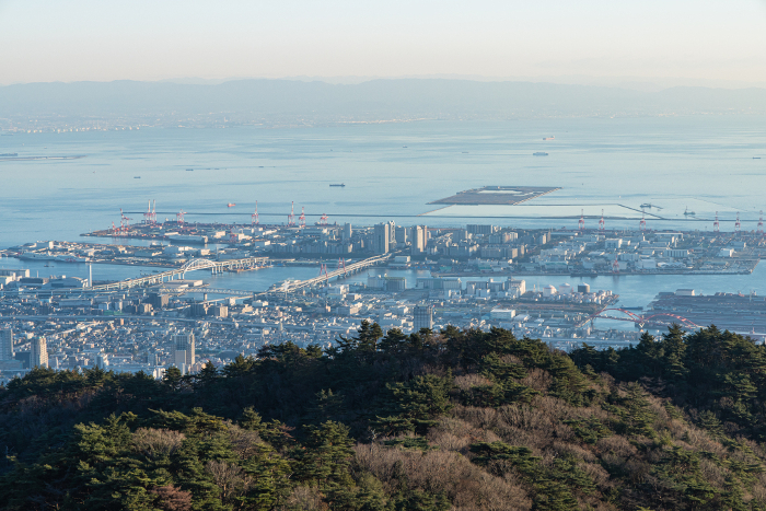 Rokko Island and the city and port of Kobe as seen from Mt. Rokko Tenran-dai in Kobe, Hyogo, Japan