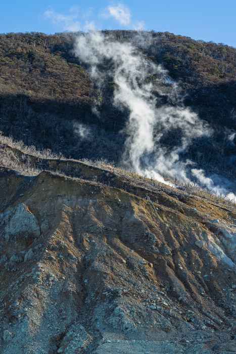 White fumaroles emanating from the rocks of Owakudani and Kakarigatake in Hakone-cho, Ashigarashita-gun, Kanagawa Prefecture, Japan