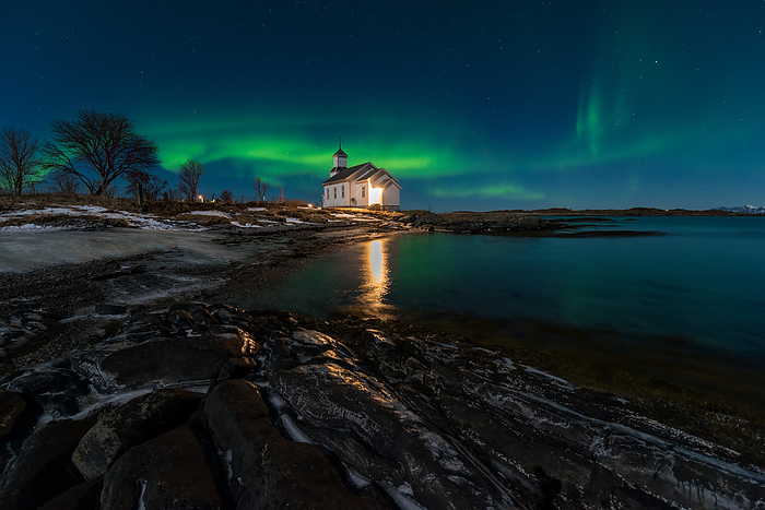 Lofoten Gimsoya church aurora borealis by Olaf Juergens