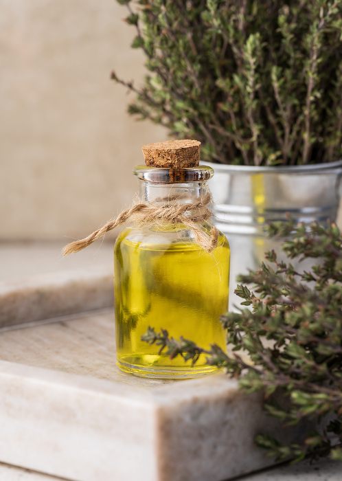 Thyme essential oil and fresh thyme sprigs on table, ingredient for cosmetics and cuisin Thyme essential oil and fresh thyme sprigs on table, ingredient for cosmetics and cuisin