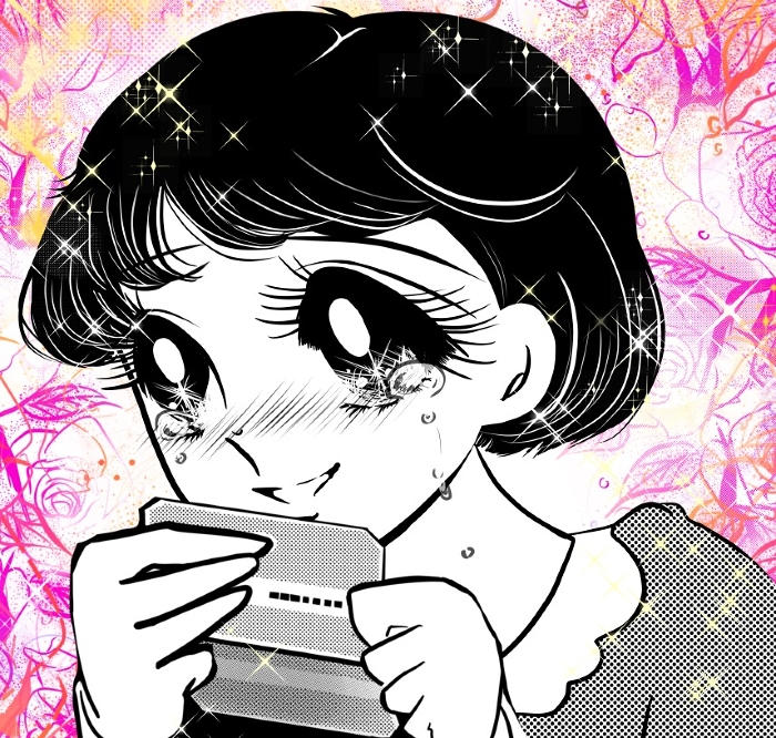 Showa-era retro shoujo manga-style girls with big hair and flower garden color backgrounds, who are excited and tearful at the large bonus increase.