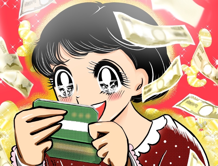 Illustration of a retro Showa-style girls' cartoon girl overjoyed at the high extra income from her side job, with gold coins and bills dancing in the background.
