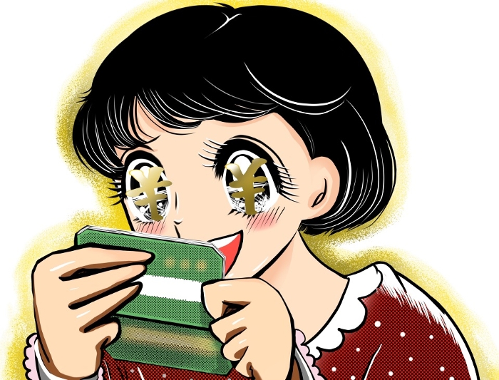 Illustration of a girl's manga-style woman whose eyes have turned into ¥ mark because she is overjoyed at the high extra income from her side job, and a white background.