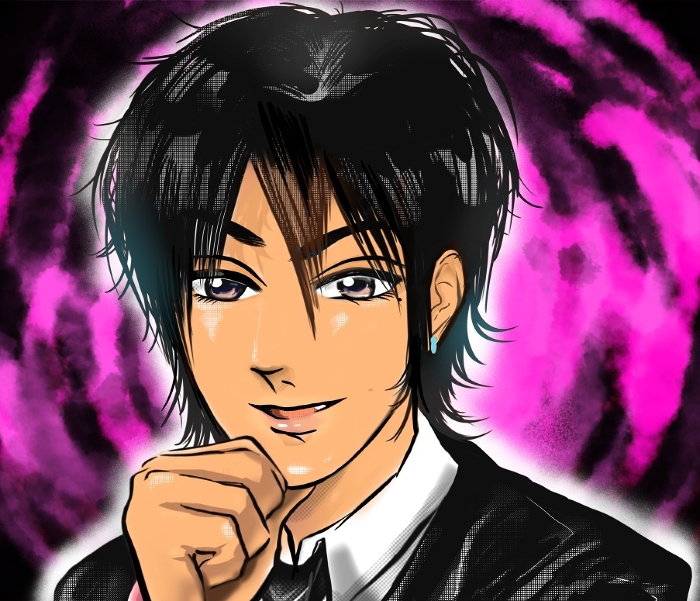 Color cartoon illustration of a host-like charlatan from the early 2000s who is plotting something, and dark cloud background