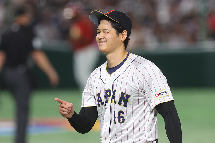 2023 WBC 1st round winking Ohtani Shohei Ohtani  JPN  MARCH 9, 2023   Baseball :. 2023 World Baseball Classic First Round Pool B Game between China   Japan at Tokyo Dome in Tokyo, Japan.  Photo by CTK Photo AFLO 