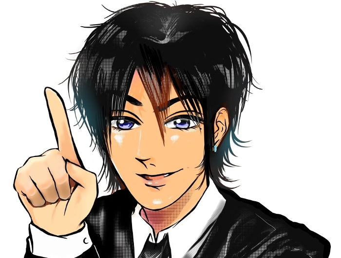 Cartoon illustration of a handsome dark-haired male host in 2000s style pointing and plotting something.