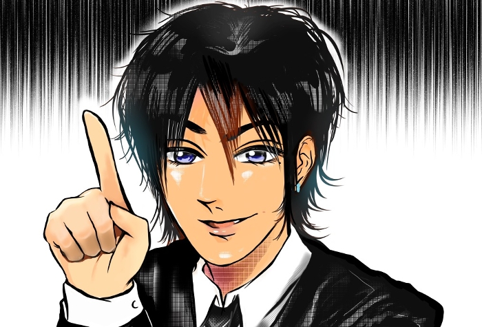 Cartoon illustration of a handsome dark-haired male host in 2000s style pointing and plotting something.