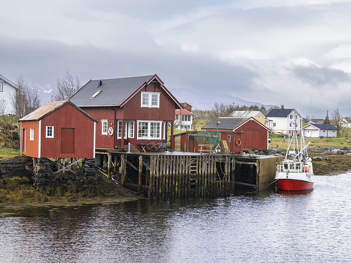 View of Nes harbor on Vega Island, one of about 6,500 islands and skerries in the Vega Archipelago, Norway. View of Nes harbor on Vega Island, one of about 6500 islands and skerries in the Vega Archipelago, Norway, Scandinavia, Europe, by Michael Nolan