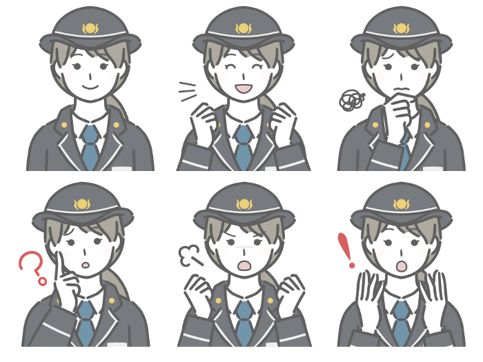 Set of expressions of young uniformed women