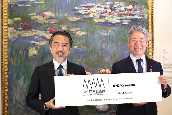 Kawasaki Heavy Industries and National Museum of Western Art agree a comprehensive partnership March 17, 2023, Tokyo, Japan   Kawasaki Heavy Industries  KHI  president Yasuhiko Hashimoto and the National Museum of Western Art  NMWA  president Masayuki Tanaka pose for photo as KHI and NMWA agreed a comprehensive partnership at the NMWA in Tokyo on Friday, March 17, 2023. The NMWA was established to house and display the Matsukata collection in 1959. Matsukata collection is a vast of art collection, collected by Kojiro Matsukata, the first president of Kawasaki Dockyard, predecessor of KHI.      photo by Yoshio Tsunoda AFLO 