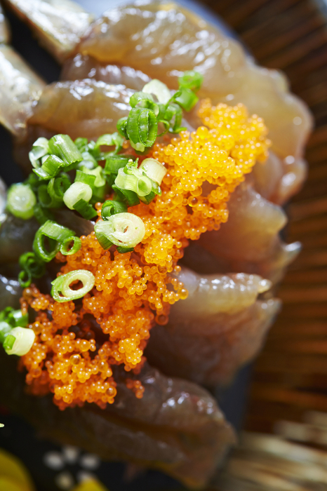 Kanjangseu with toppings of tobiko (shrimp in soy sauce)