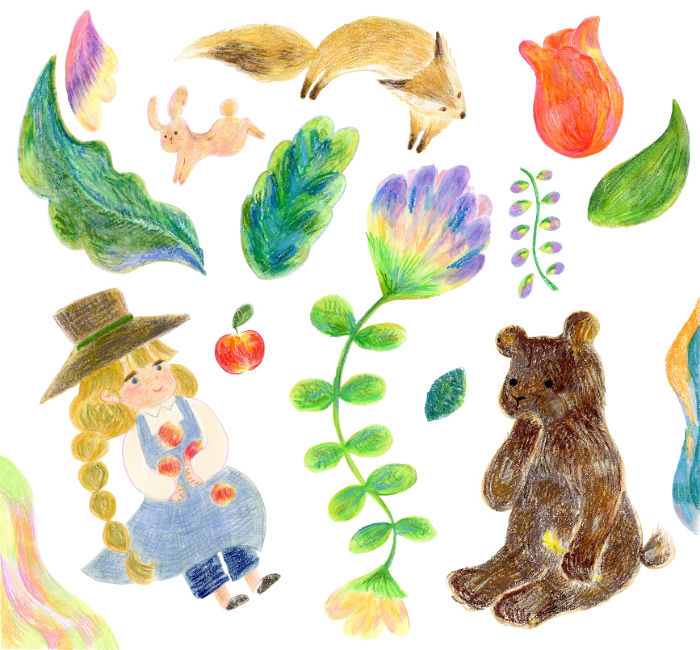 Cute hand-drawn illustration set of plants and girls, bears, foxes and rabbits