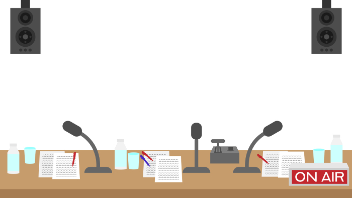 Illustration of a radio booth with three microphones