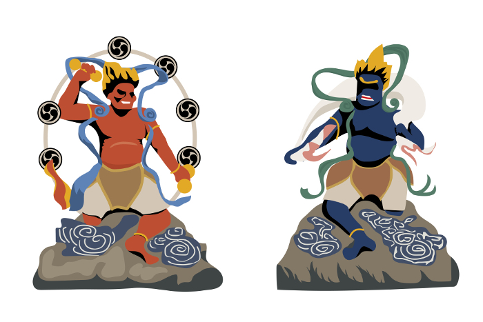 Illustration of Japanese and Indian Gods, God of Thunder and God of Wind. Religion, Shrines and Temples