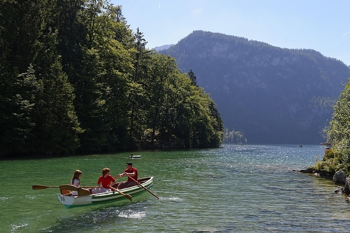 A rowing boat on lake Königssee, Berchtesgadener Land district, Upper Bavaria, Bavaria, Germany, Europe