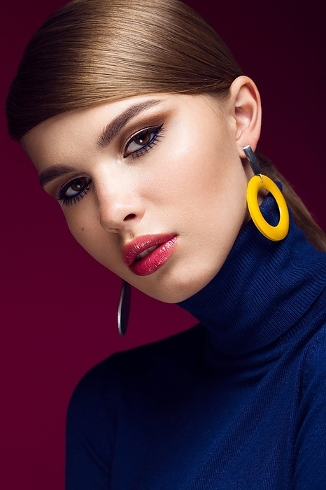 Pretty fresh girl, fashionable image of modern Twiggy with unusual eyelashes and bright accessories. Photos shot in studio