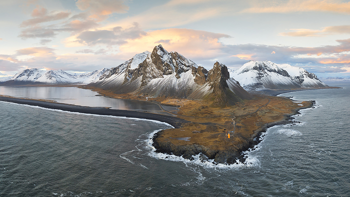 Iceland Aerial view taken by drone of Eystrahorn mountain, during a cold winter day, Hvalnesviti, Southern Iceland, Europe. Photo by: Carlo Conti