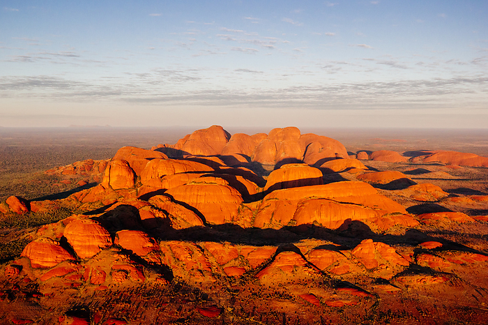 Australia Kata Tjuta rocks at sunrise from helicopter, Aerial View, Red Center. Northern Territory, Australia. Photo by: Francesco Iacomino