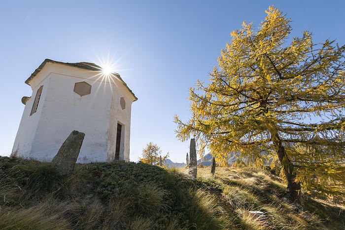 Italy The Gilliarey Oratory in autumn  Torgnon, Valtournenche Valley, Aosta province, Aosta Valley, Italy, Europe . Photo by: Gabriele Prato
