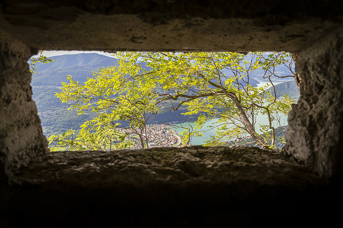 Italy View of the Ceresio Lake from a concrete windows inside the fortifications of Linea Cadorna on Monte Orsa and Monte Pravello. Viggi , Varese district, Lombardy, Italy.. Photo by: Mirko Costantini