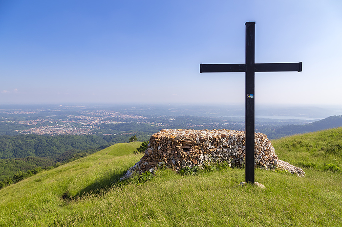 Italy View of the top of Monte Chiusarella with the cross and rocks altair, varesine prealps, Parco Regionale del Campo dei Fiori, Varese district, Lombardy, Italy.. Photo by: Mirko Costantini