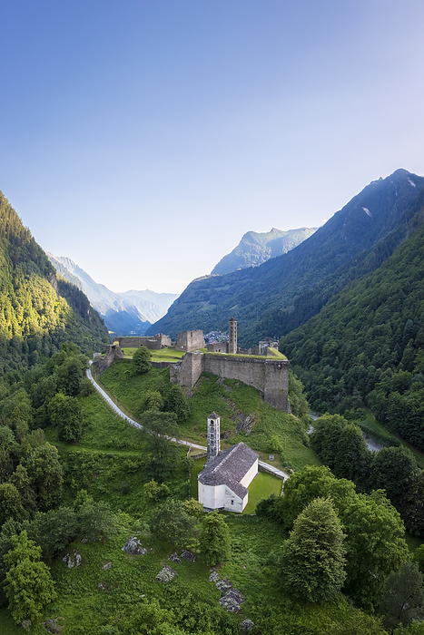 Switzerland Aerial view of the ruins of Mesocco castle on the road to the San Bernardino Pass. Graub nden, Moesa district, Switzerland, Europe.. Photo by: Mirko Costantini