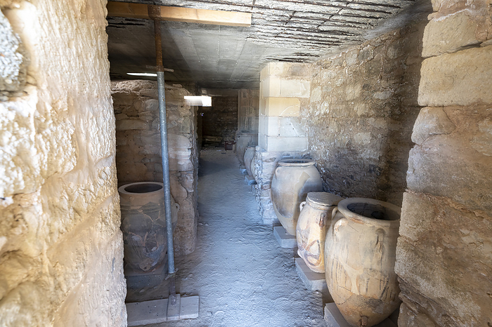 Greece Ancient clay amphoras in the storage room of the Minoan palace of Phaistos, Southern Crete, Greece. Photo by: Roberto Moiola