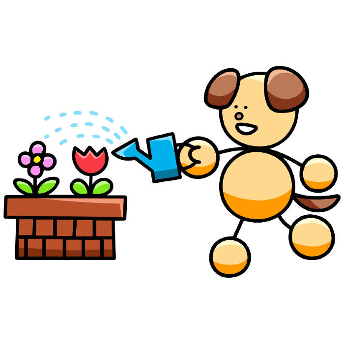 Clip art of dog watering flowers in flowerbed Dog