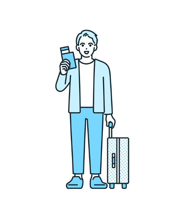 Clip art of a man traveling with a carrying case and a passport.