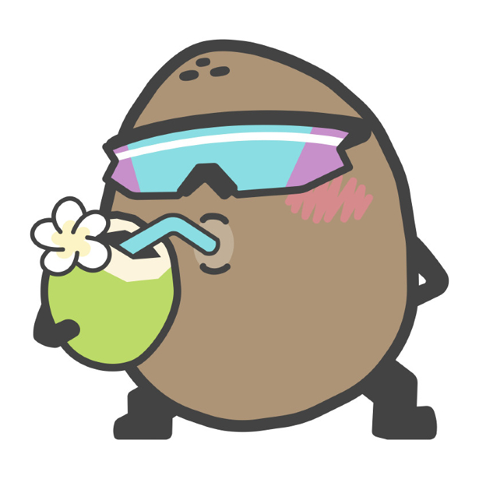 Coconut drinking coconut juice, Cartoon character style, sunglasses