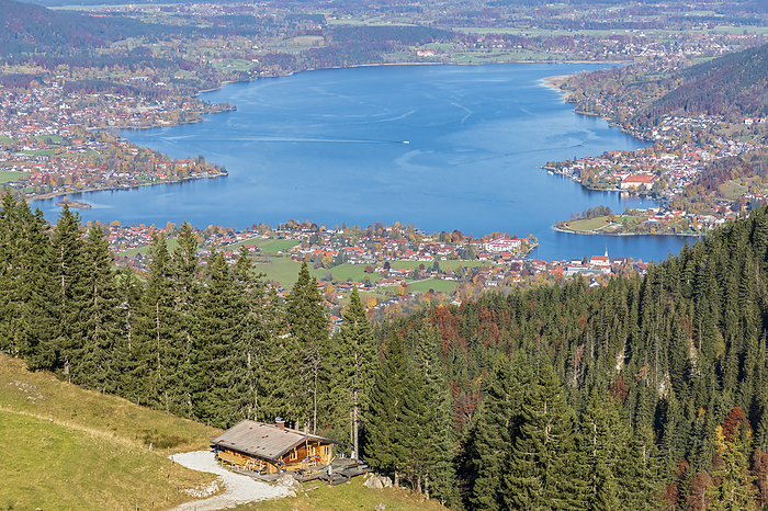 Germany, Bavaria, Rottach-Egern, Lake Tegernsee and surrounding towns seen from summit of Wallberg mountain