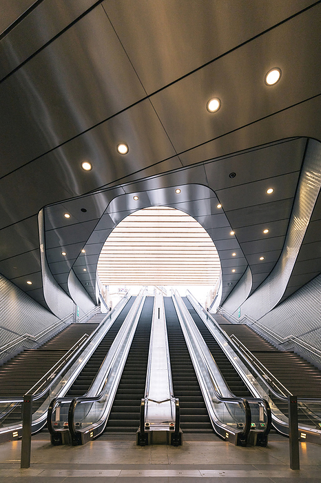 Underground staircases France, Ile de France, Paris, Escalator of modern underground train station