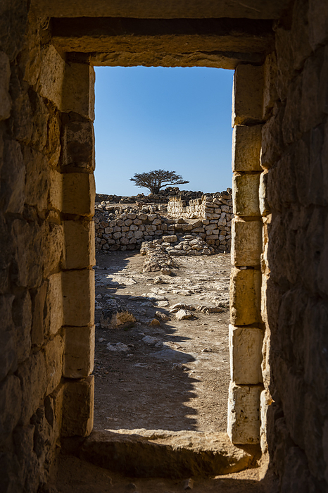 Oman, Dhofar, Taqah, Stone doorway in ancient ruins of Sumhuram