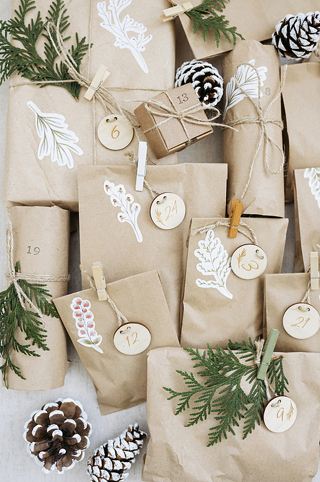 Decorated paper bags for advent calendar