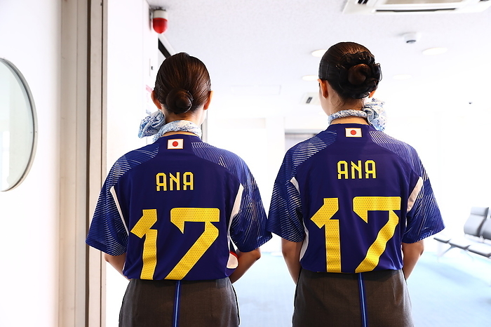 Japan national soccer team ANA cabin attendants ahead of the departure to Osaka at Haneda Airport  in Tokyo, Japan, March 27, 2023.  Photo by JFA AFLO 
