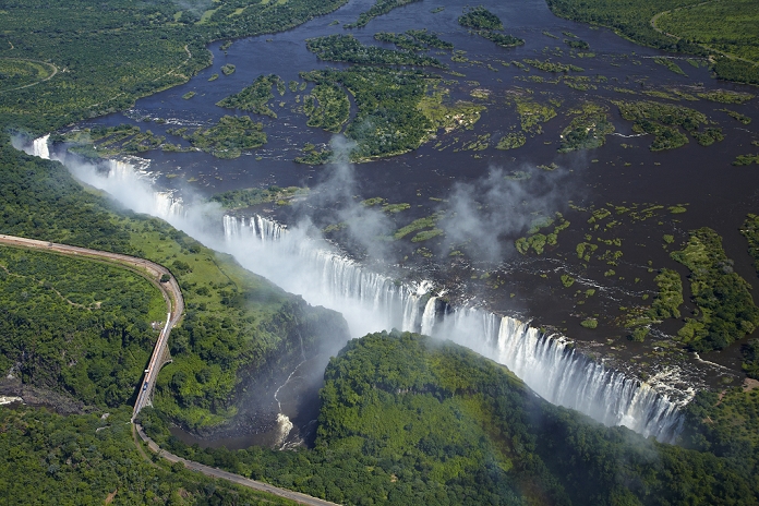 Victoria Falls, Zambia Victoria Falls or  Mosi oa Tunya   The Smoke that Thunders , Zambezi River, and Victoria Falls Bridge, Zimbabwe   Zambia border, Southern Africa   aerial