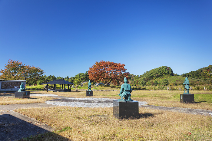 Statues of military commanders in Heian-no-Kazewaru Park and map of old battlefields Akita Prefecture, Japan