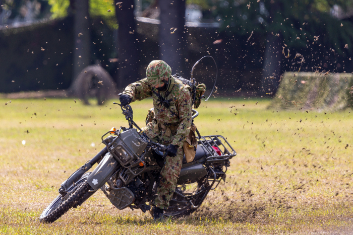 Ground Self-Defense Force reconnaissance team riding on motorcycles