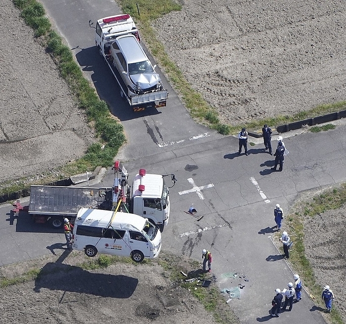 Accident scene where a one box car carrying elderly people collided with a car. The scene of an accident where a one box car carrying elderly people collided with a car in Inazawa City, Aichi Prefecture, Japan, at 0:02 p.m. on March 30, 2023, from the head office helicopter.