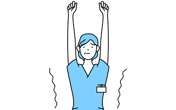 Middle-aged and senior female nurses, physical therapists, occupational therapists, speech therapists, and nursing assistants stretching and standing tall