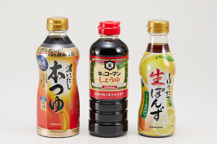 KIKKOMAN to raise prices again in April, including soy sauce for home use. Hon Tsuyu is noodles or multipurpose soup   sauce base, Sho yu is Japanese style soy sauce and Nama ponzu is soy sauce with citrus fruit flavour by Kikkoman Corporation are seen in Tokyo, Japan on February 16, 2023. These prices are rised to increase from April 2023.  Photo by Shingo Tosha AFLO  